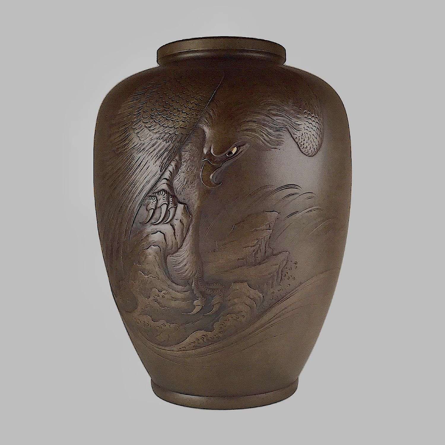 Japanese bronze vase with eagle signed Shuho Meiji period