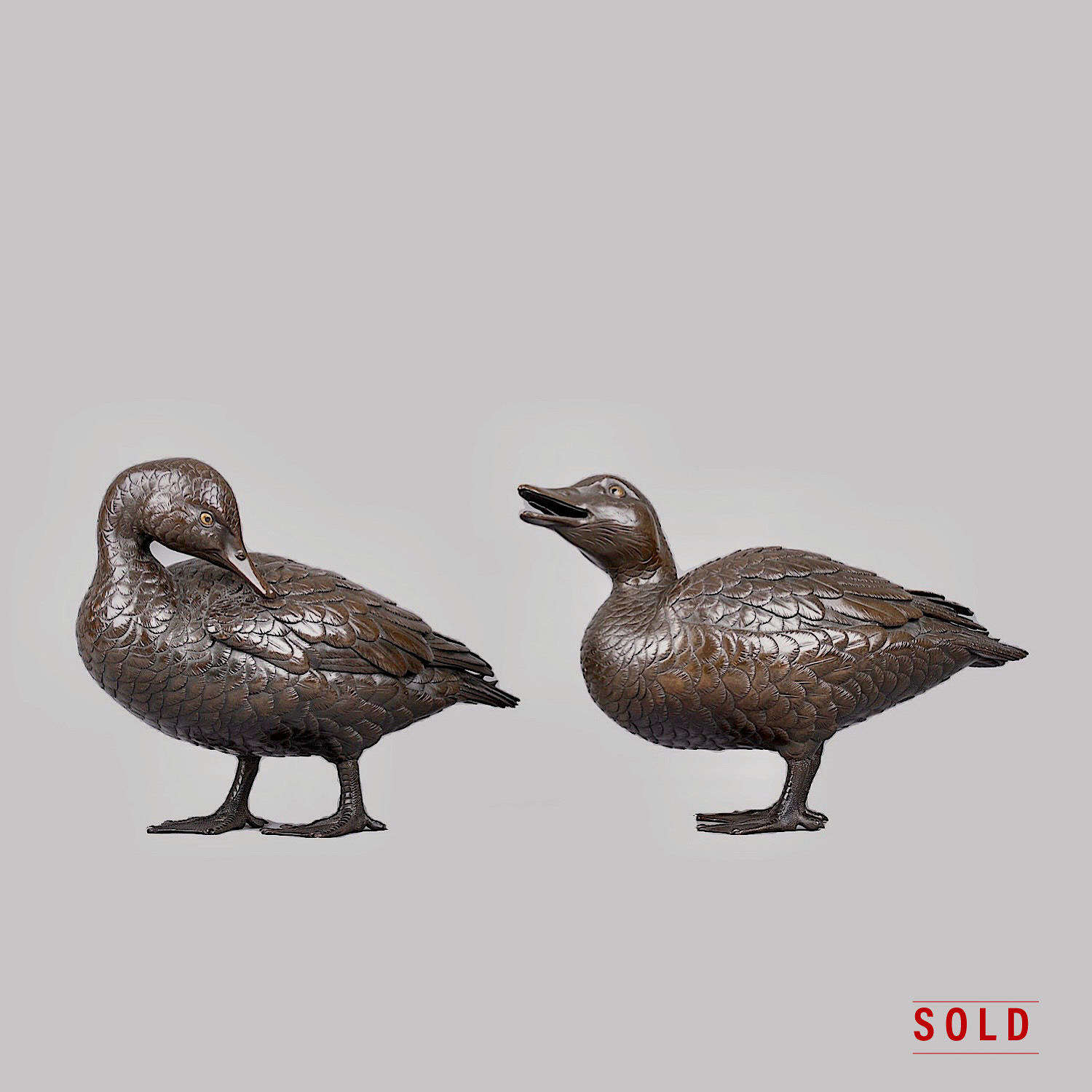 Japanese pair of bronze ducks signed Takachika Meiji period