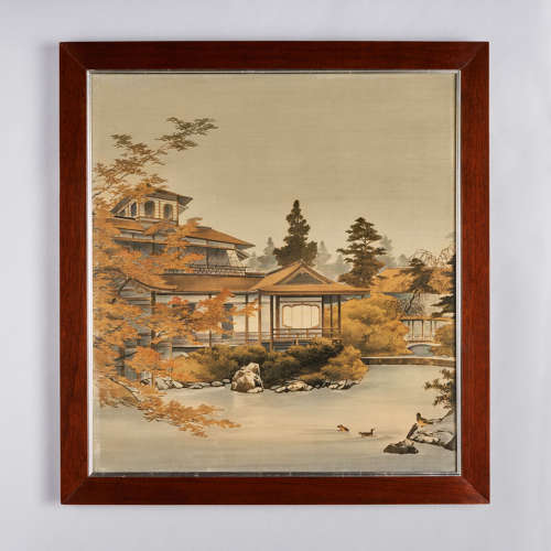 Japanese Yūzen-Birodo cut velvet of a temple Meiji period