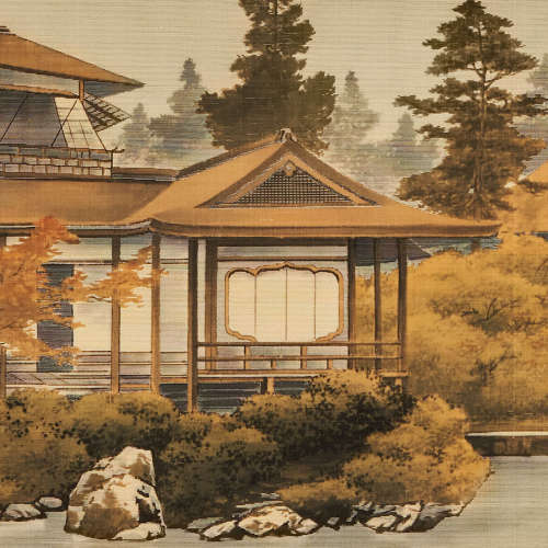 Japanese Yūzen-Birodo cut velvet of a temple Meiji period