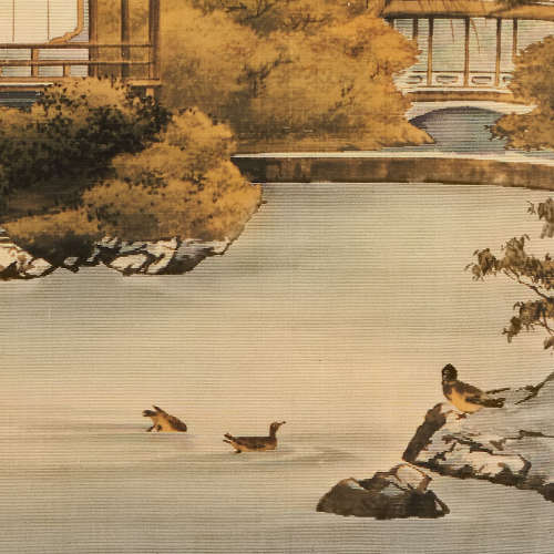 Japanese Yūzen-Birodo cut velvet of a temple Meiji period