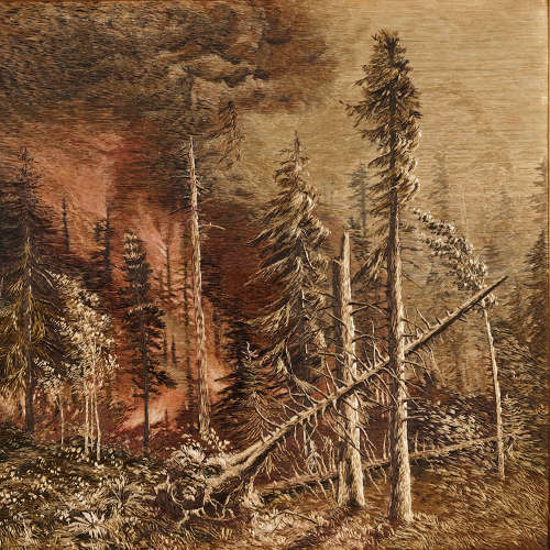 Japanese silk embroidery of a burning woodland Meiji period