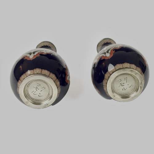 Japanese pair cloisonné enamel vases signed Kuhn & Komor Meiji period
