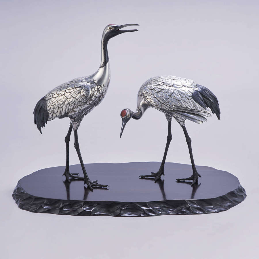 Japanese silvered bronze cranes signed Hideano Meiji period
