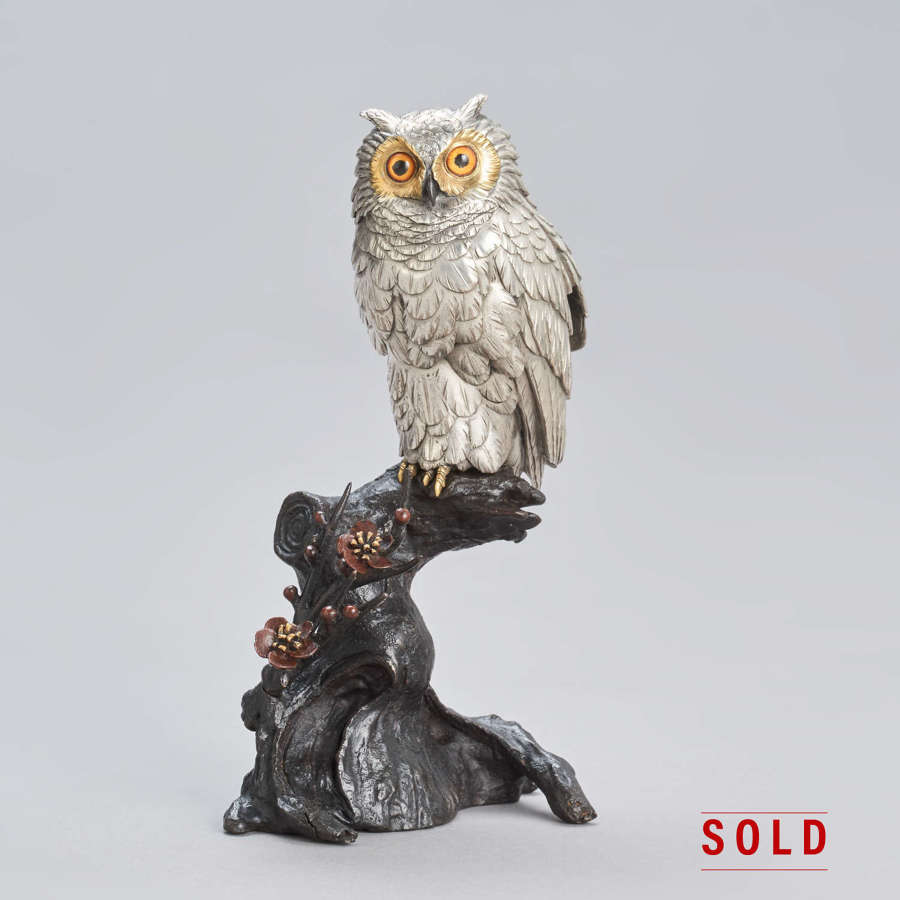 Japanese silvered bronze owl signed Mitani Meiji period