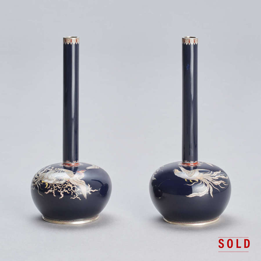 Japanese cloisonné enamel vases with Hō-ō birds Meiji period