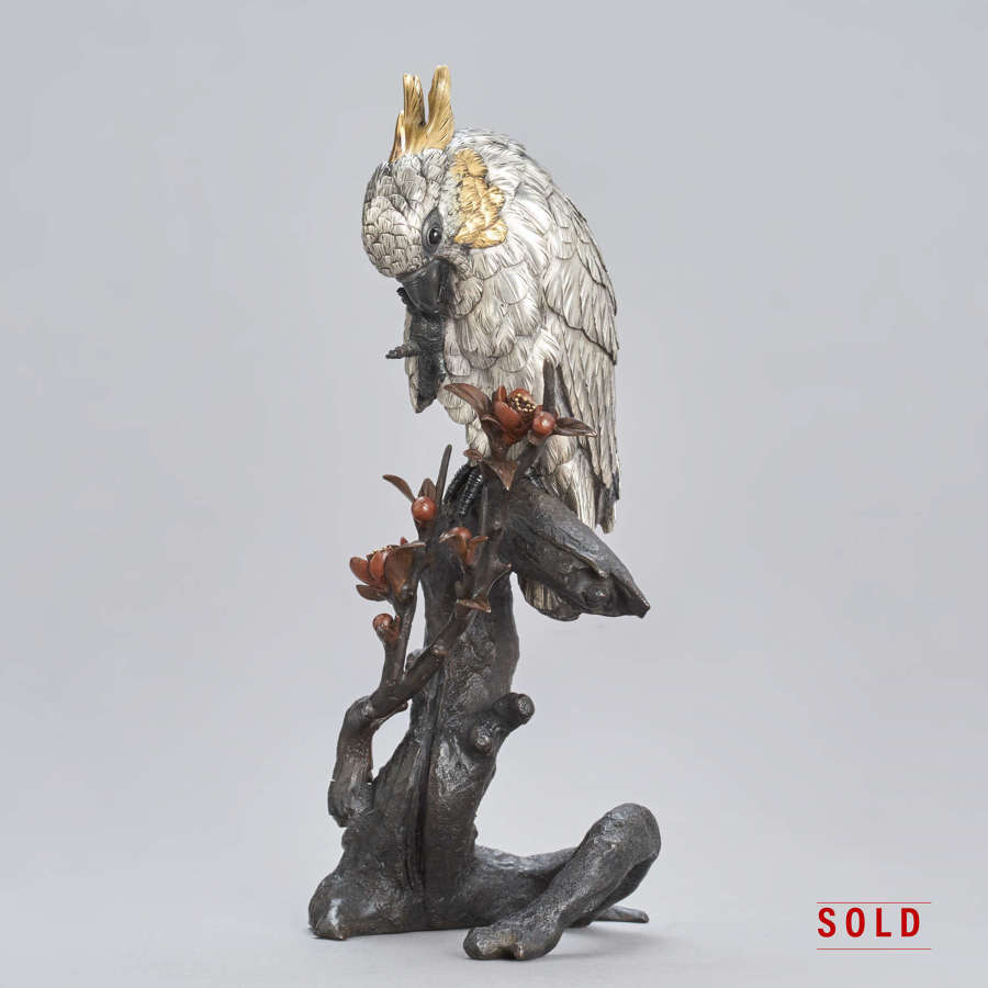 Japanese silvered bronze cockatoo signed Mitani Meiji period