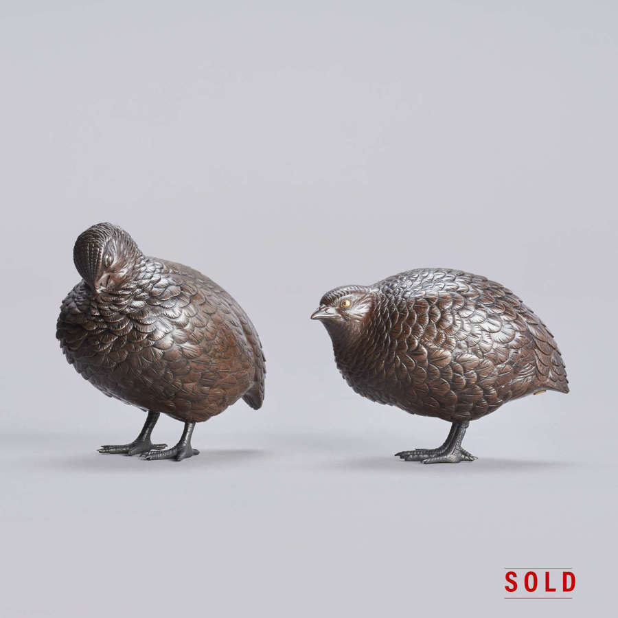 Japanese bronze quails signed Atsuyoshi with seal Maruki  Meiji period