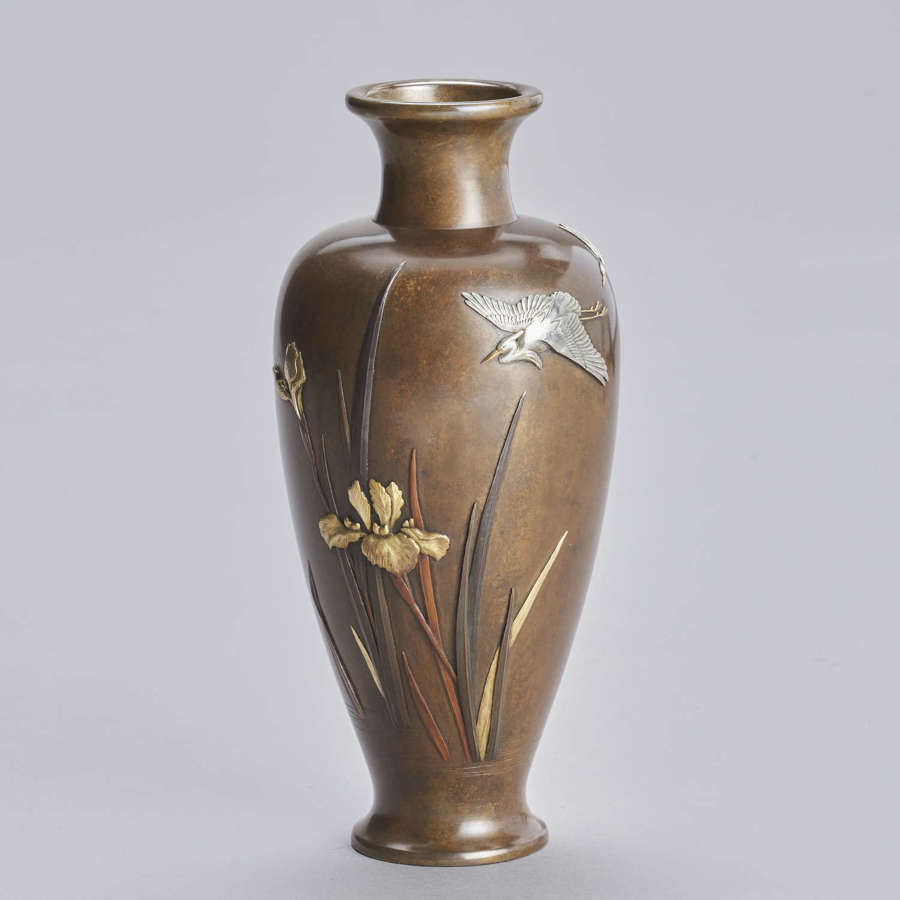 Japanese bronze vase with cranes signed Kowa and Hirotake Meiji period