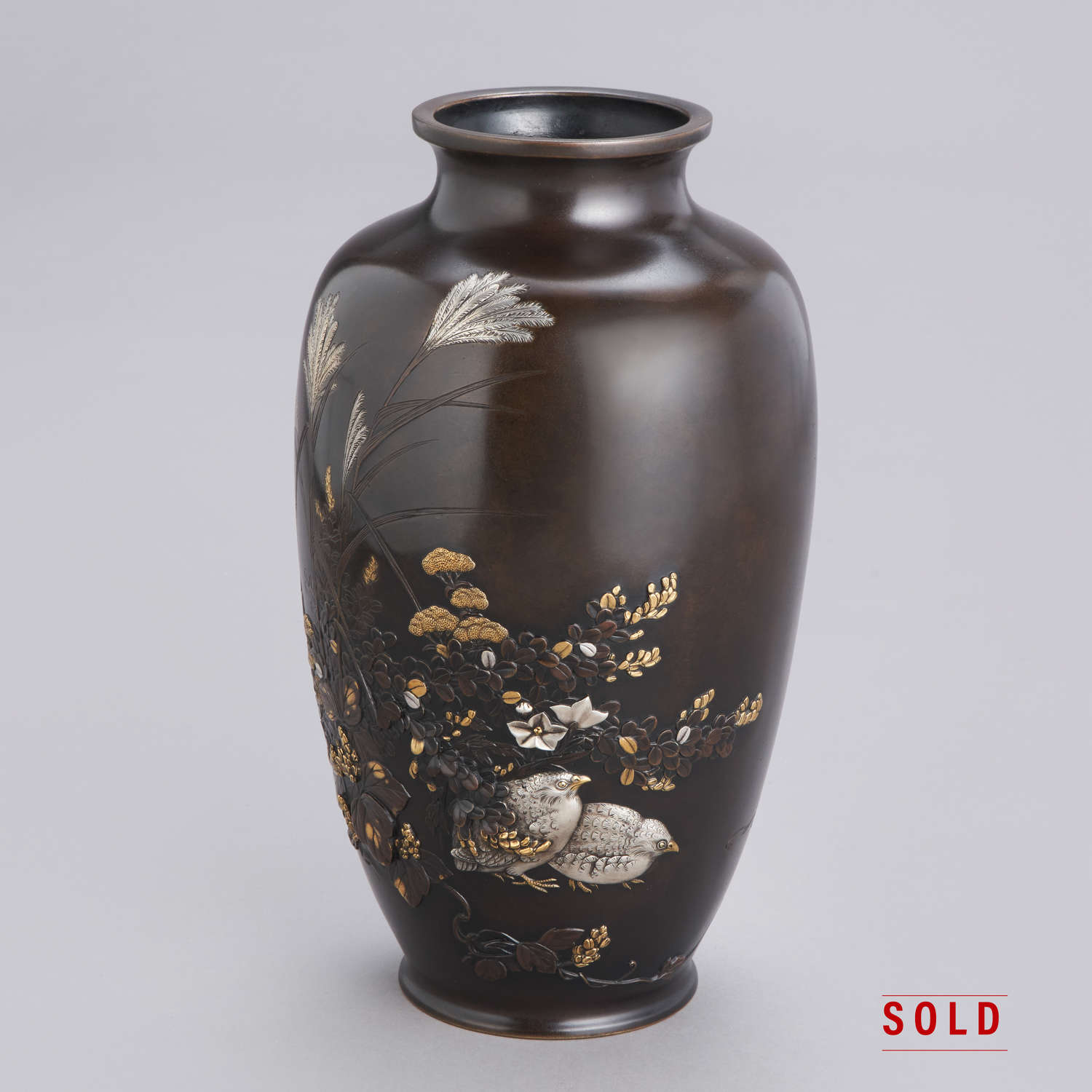 Japanese bronze vase with quails signed Joshin Shōwa period