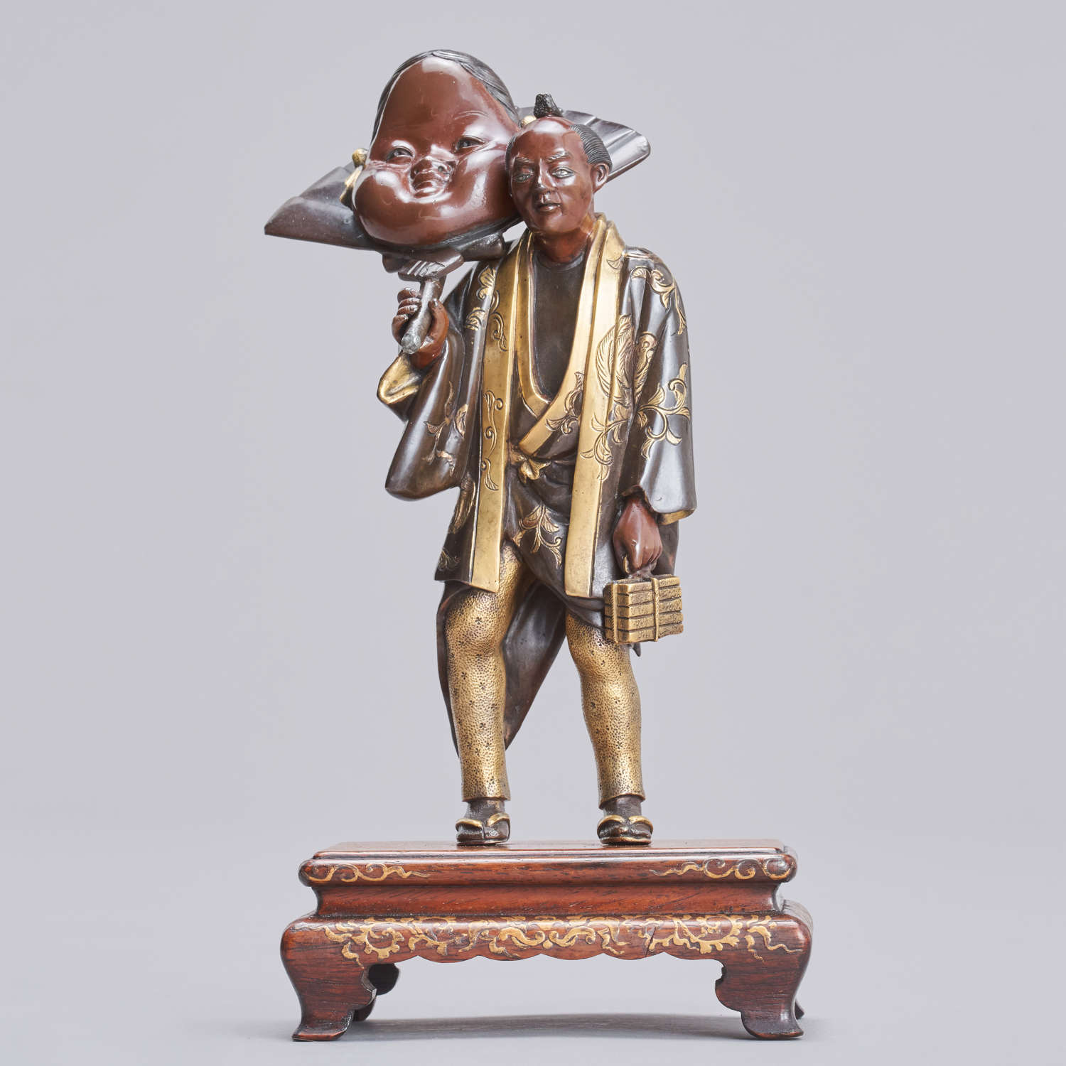 Japanese bronze man with Okame mask signed Miyao Meiji period