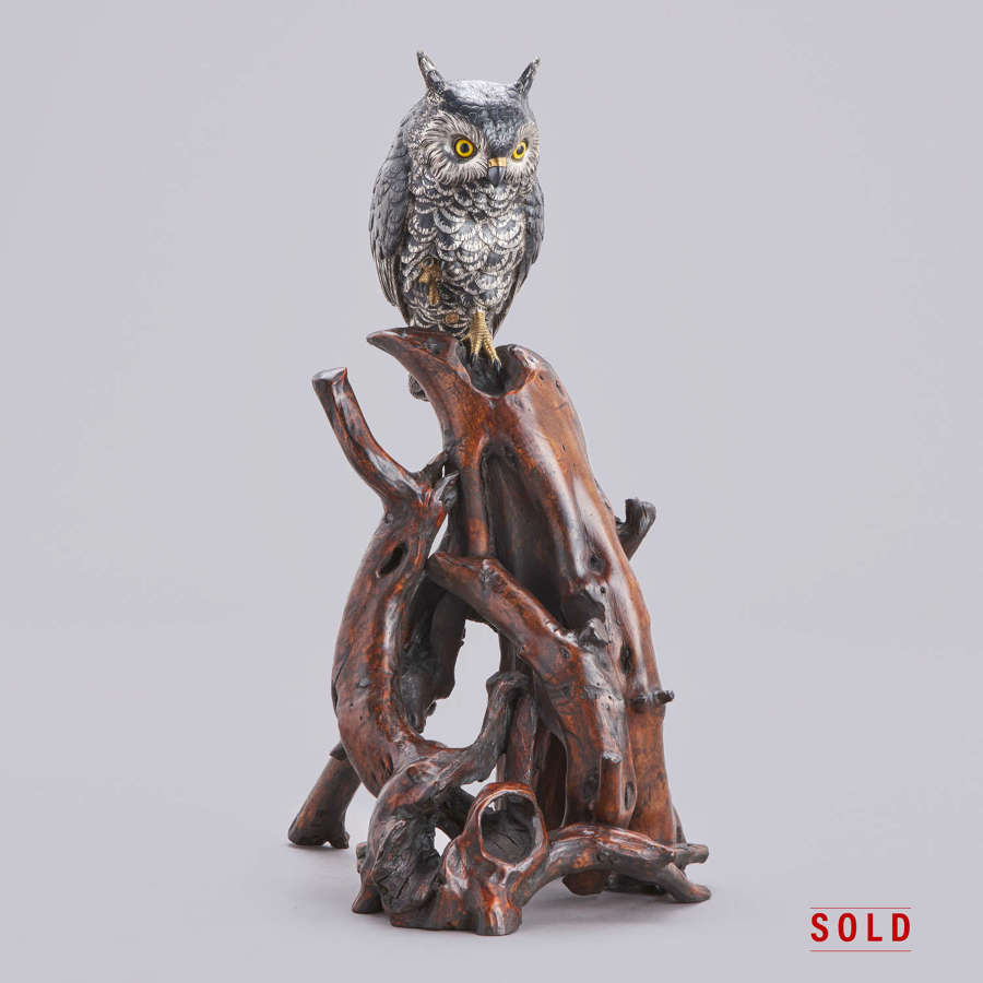 Japanese bronze owl signed Hideharu Meiji period