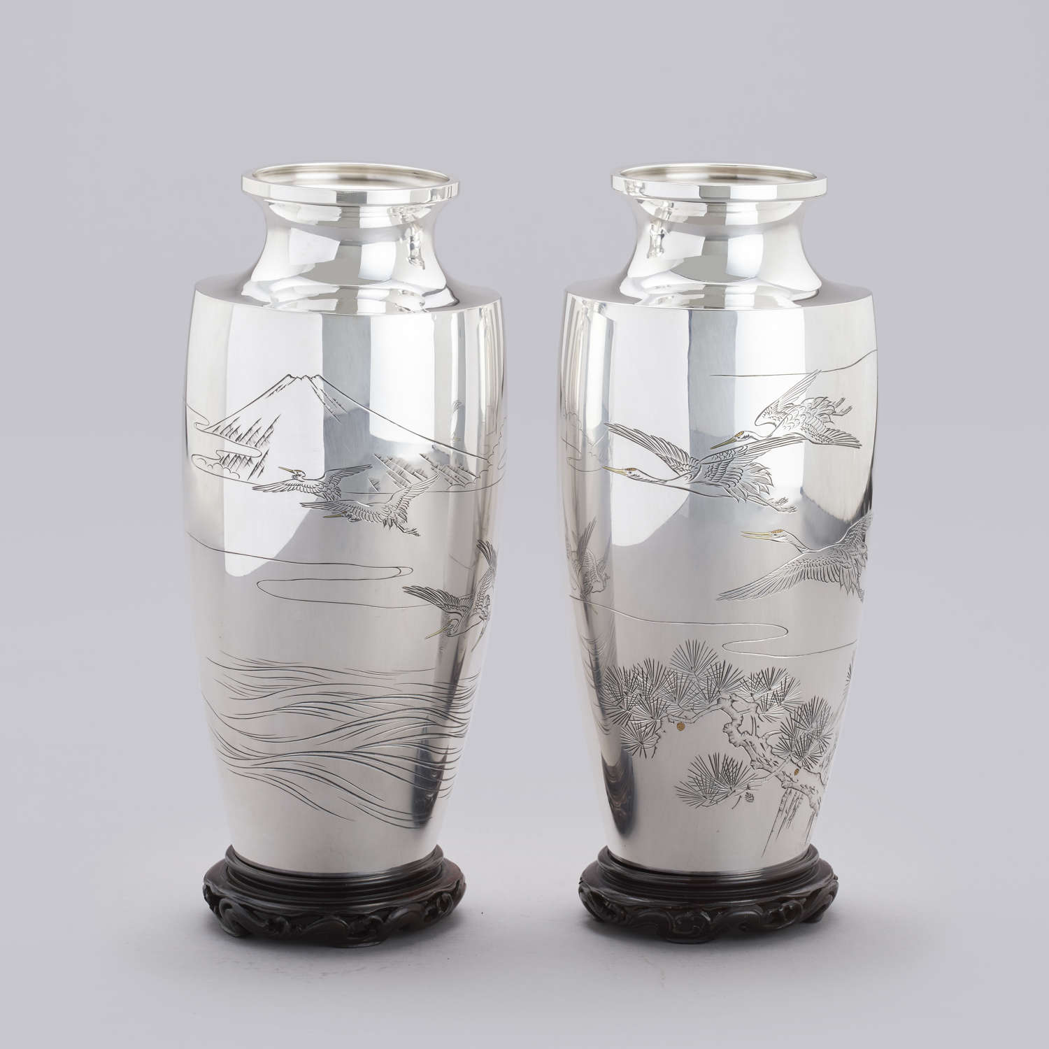 Japanese pair of silver vases signed Kobayashi Bishun Taishō period