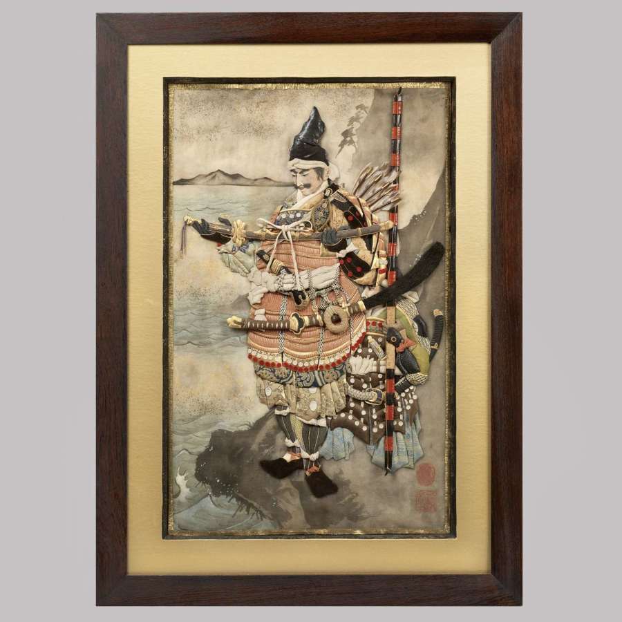 Japanese Oshie silk panel of Samurai Nitta Yoshisada signed Ichirindo Toshikazu