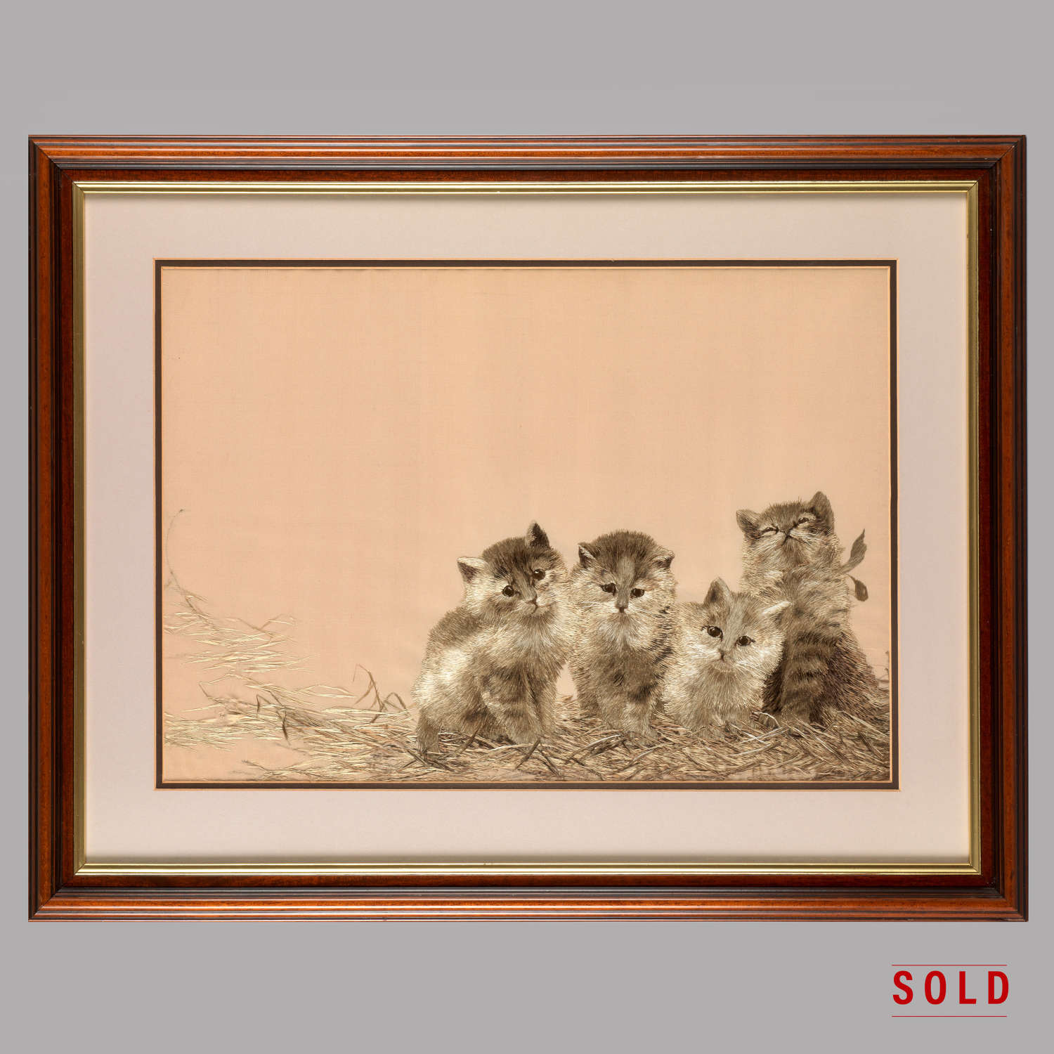 Japanese silk embroidery of cats late Meiji period