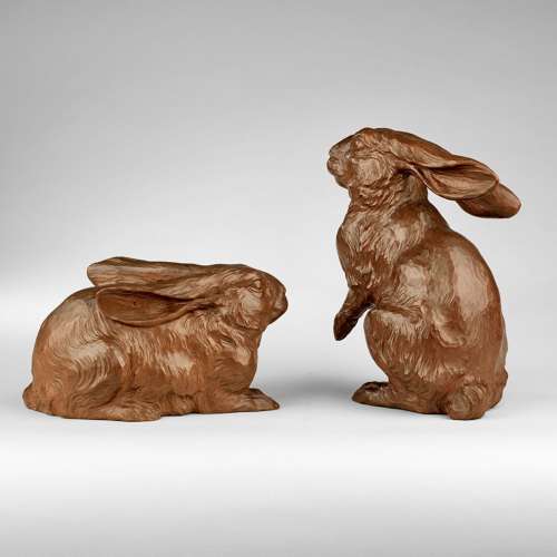 Japanese wood okimono pair of hares signed Mogi Hirotsugu Shōwa period
