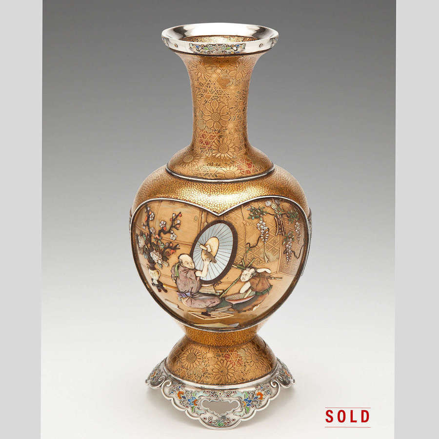Japanese silver shibayama vase signed Kaneko late Meiji period