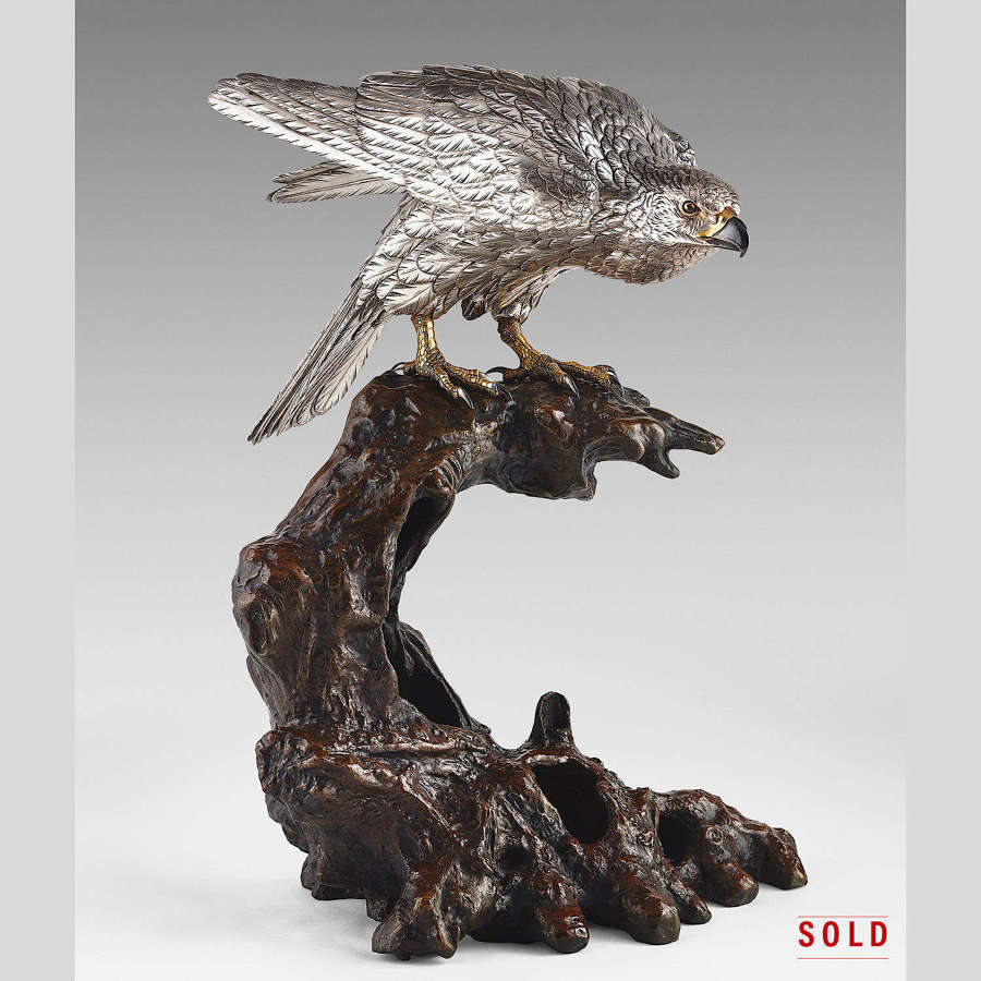 Japanese bronze hawk with silvered body signed Masatsune Meiji period