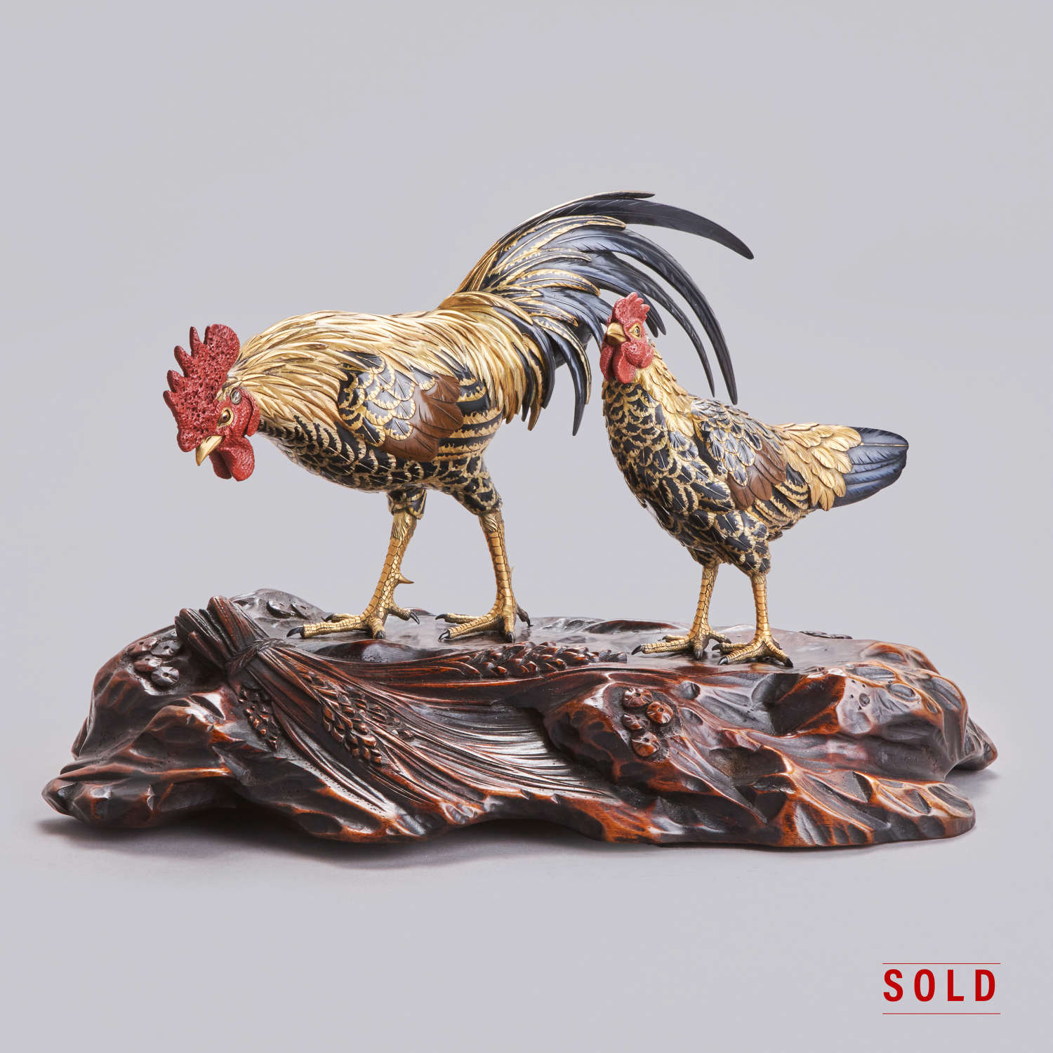 Japanese bronze rooster and hen signed Mitani Tokusei Meiji period