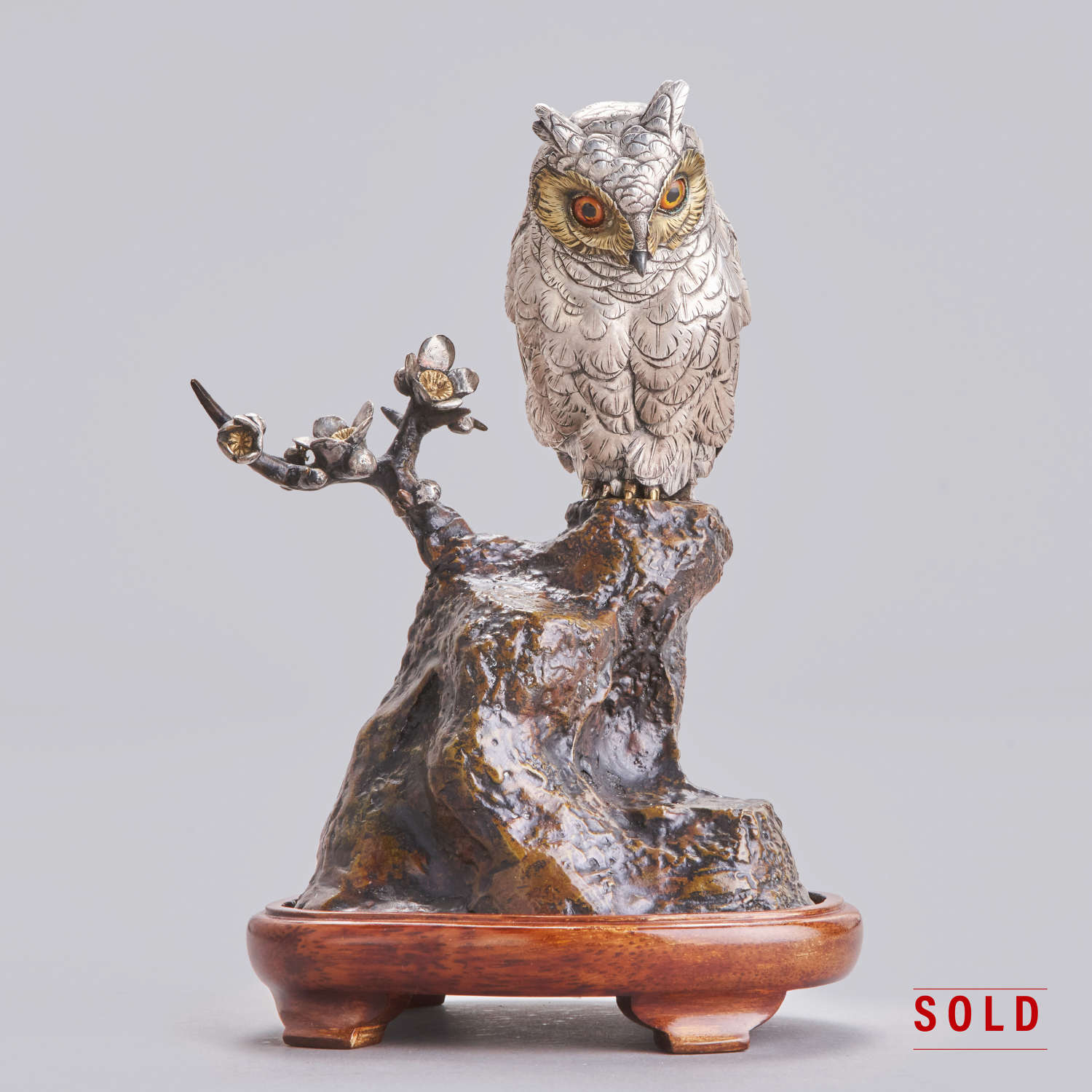 Japanese silvered bronze owl signed Mitani sei Meiji period