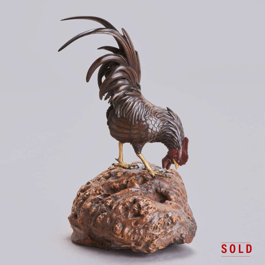 Japanese bronze rooster with long tail signed Yoshiaki zo Meiji period