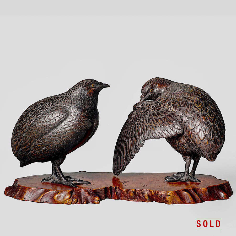 Japanese pair of bronze quails signed Harukuni Meiji period