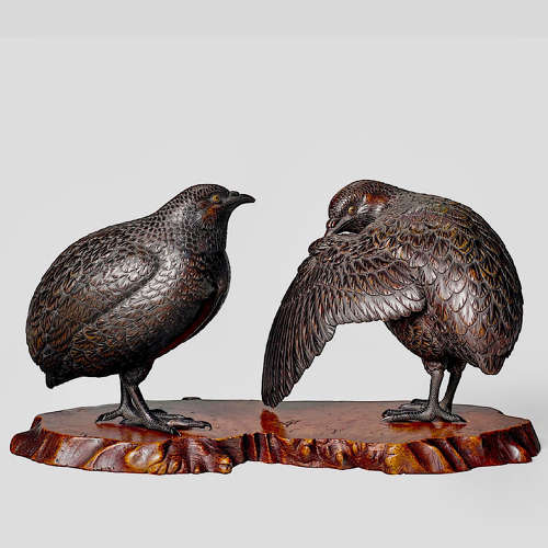 Japanese pair of bronze quails signed Harukuni Meiji period