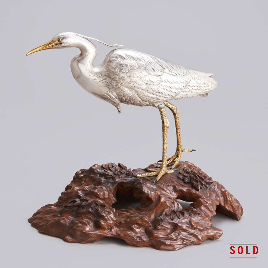 Japanese silvered bronze heron signed Masatsune Meiji period