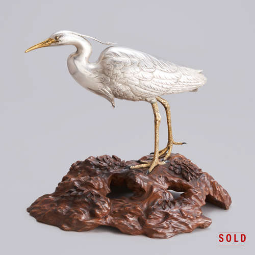 Japanese silvered bronze heron signed Masatsune Meiji period