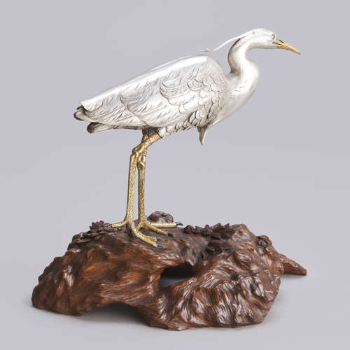 Japanese silvered bronze heron signed Masatsune Meiji period