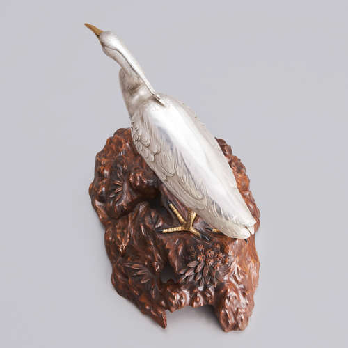 Japanese silvered bronze heron signed Masatsune Meiji period
