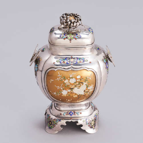 Japanese silver shibayama koro signed Naritsugu late Meiji period