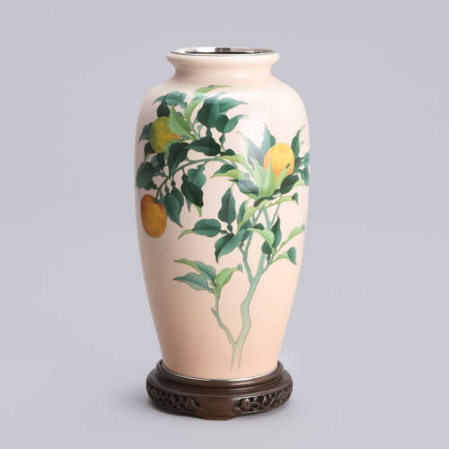 Japanese cloisonné vase with oranges signed Andō Jūbei Shōwa period