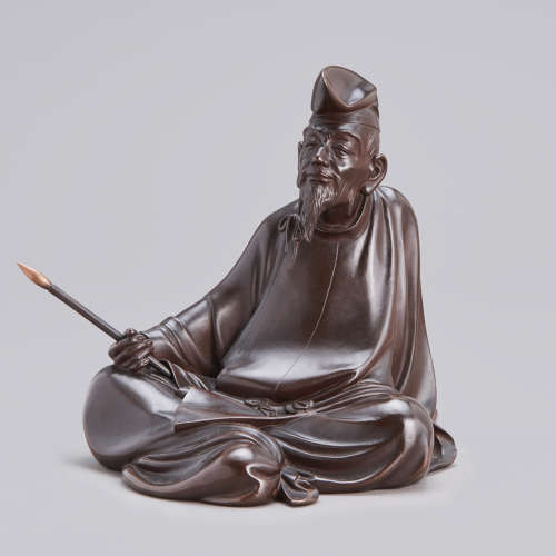Japanese bronze of Kakinomoto no Hitomaro signed Shinzan Taishō period
