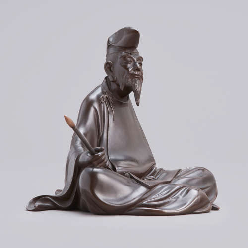 Japanese bronze of Kakinomoto no Hitomaro signed Shinzan Taishō period