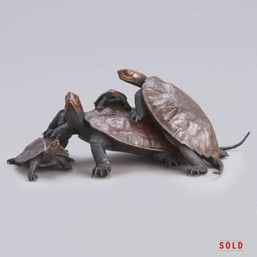Japanese bronze group of five turtles signed Hori Issei Shōwa period