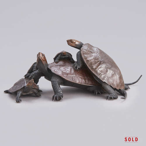 Japanese bronze group of five turtles signed Hori Issei Shōwa period