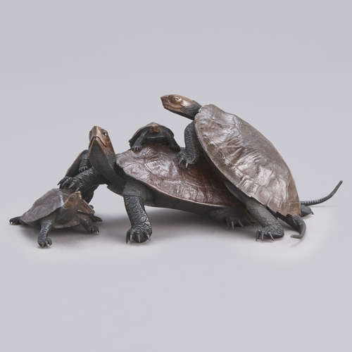 Japanese bronze group of five turtles signed Hori Issei Shōwa period