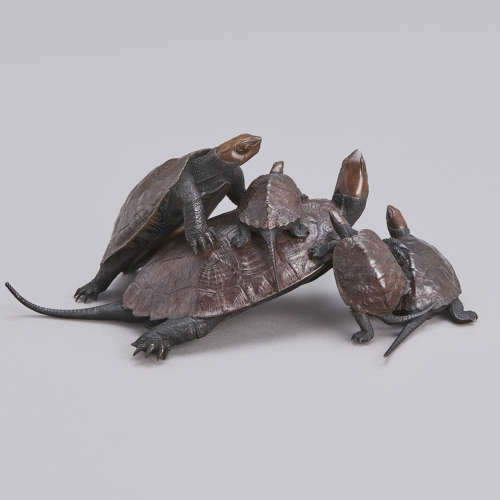 Japanese bronze group of five turtles signed Hori Issei Shōwa period