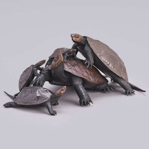 Japanese bronze group of five turtles signed Hori Issei Shōwa period
