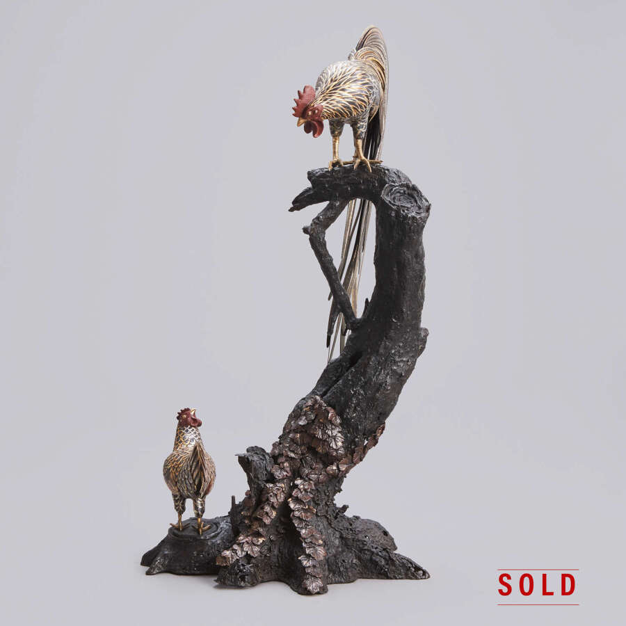 Japanese bronze rooster and hen attributed to Mitani Meji period