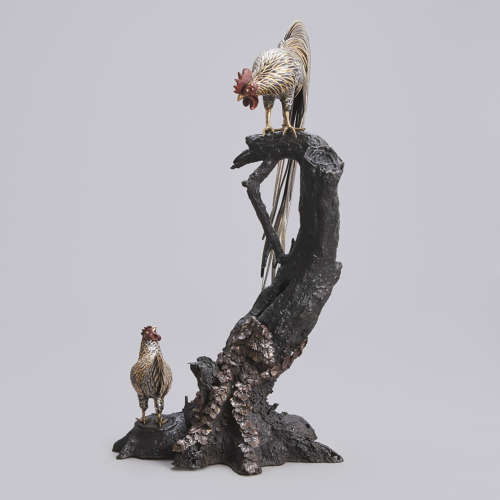 Japanese bronze rooster and hen attributed to Mitani Meji period