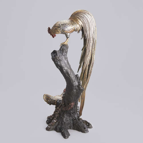 Japanese bronze rooster and hen attributed to Mitani Meji period
