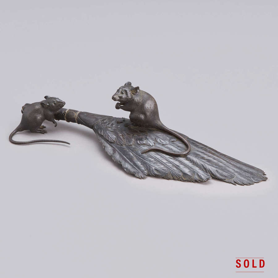 Japanese bronze rats on a feather brush signed Toko Meiji period