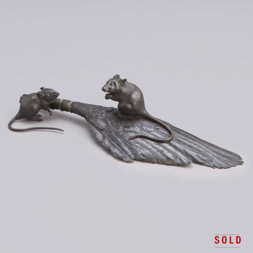 Japanese bronze rats on a feather brush signed Toko Meiji period
