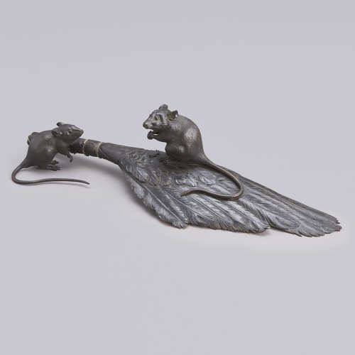 Japanese bronze rats on a feather brush signed Toko Meiji period