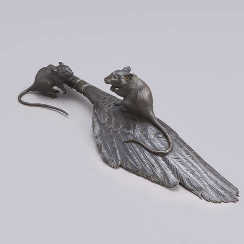 Japanese bronze rats on a feather brush signed Toko Meiji period
