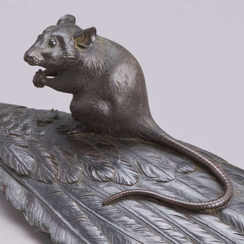 Japanese bronze rats on a feather brush signed Toko Meiji period