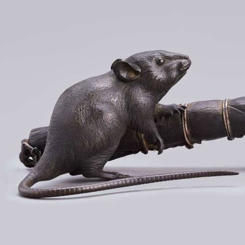Japanese bronze rats on a feather brush signed Toko Meiji period