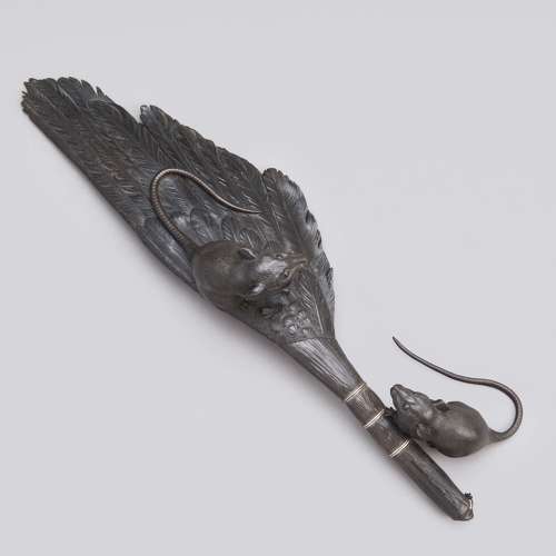 Japanese bronze rats on a feather brush signed Toko Meiji period